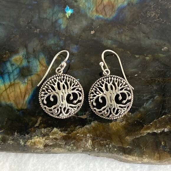 Sterling Silver 925 1.19" Round Openwork Filigree Tree Of Life Dangle Earrings - Picture 5 of 16